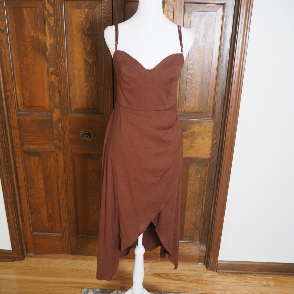 Shore Brand Linen Midi Dress Med Sweetheart Corset Style Asymmetrical Wrap Brown
